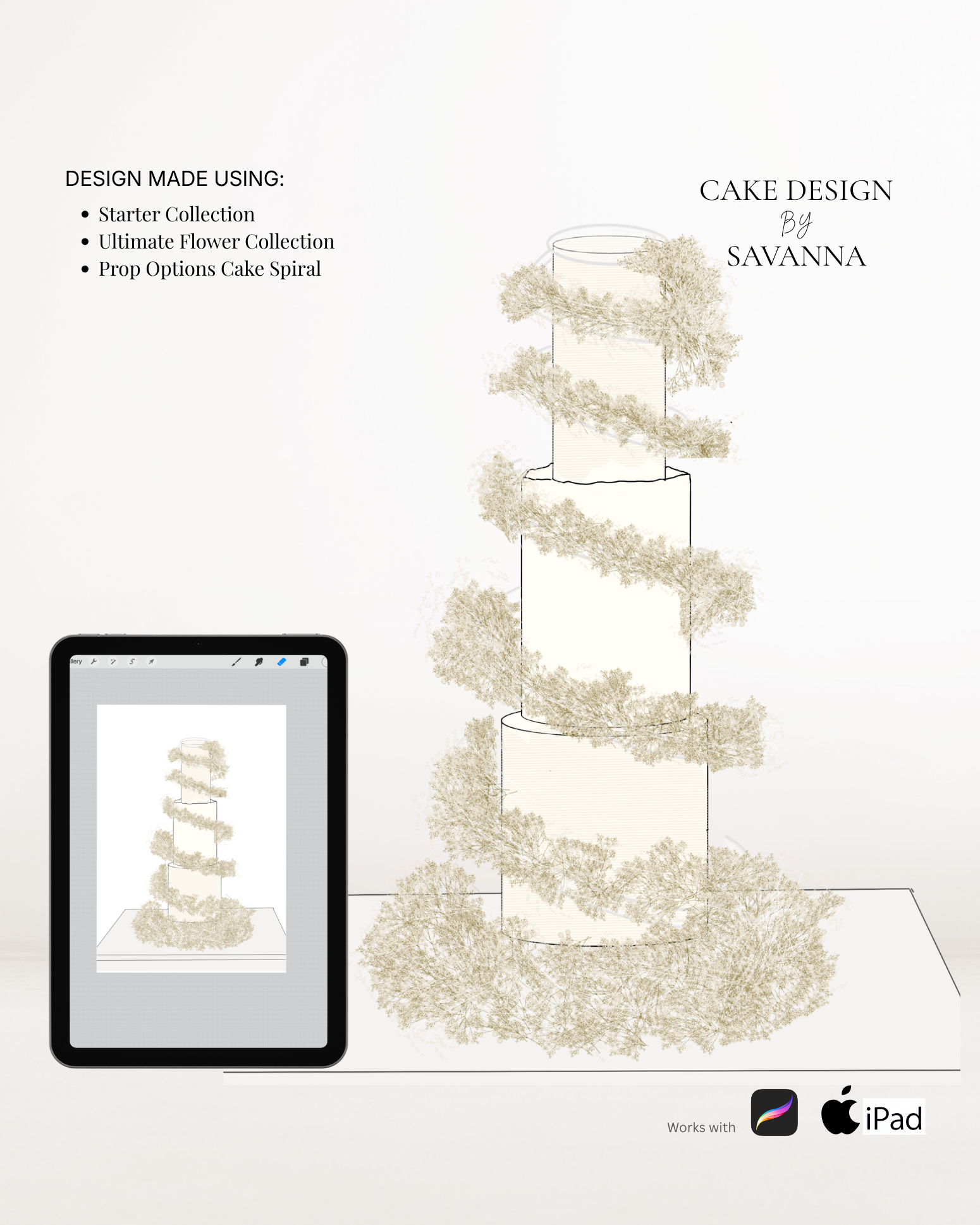 Cake spiral Procreate stamp for digital cake sketching, preview 5 – Cake Design by Savanna