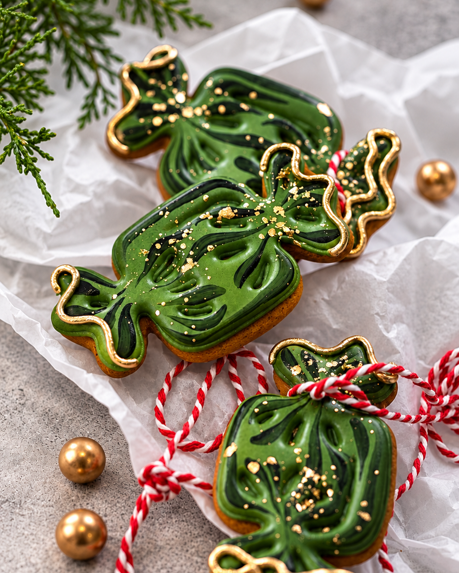 Green and gold sweet cookies with red and white twine, Prop Options x Ekat's Christmas cookie set