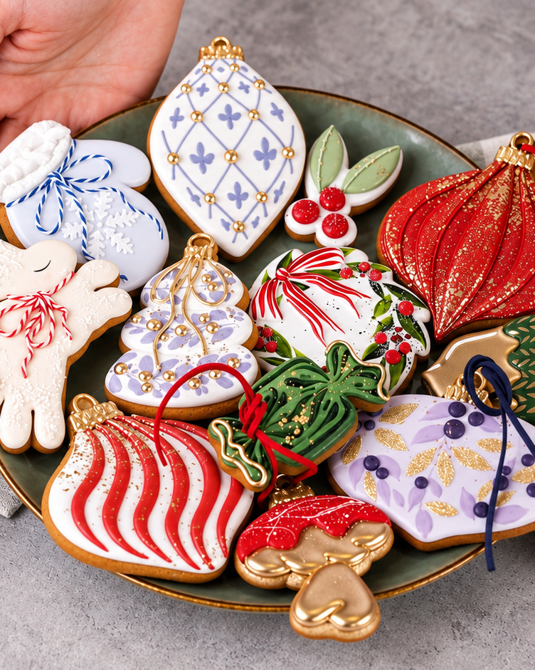 Decorated Christmas cookie platter on a gingham cloth, Prop Options x Ekat's Christmas cookie set