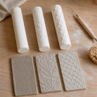 Slab Starter Trio: Prop Options Reeded, Olive and Honeycomb 9 inch clay texture rollers with textured stoneware slabs