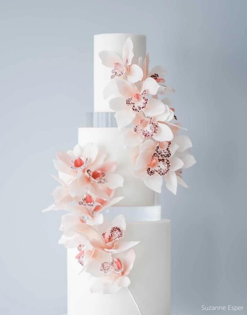 A white cake with pastel pink flower decorations, the layers are each separated by a 30mm Round Acrylic Cake Separator - Prop Options