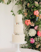 An elegant white cake with subtle white leaf decorations, the layers are each separated by a 30mm Round Acrylic Cake Separator - Prop Options