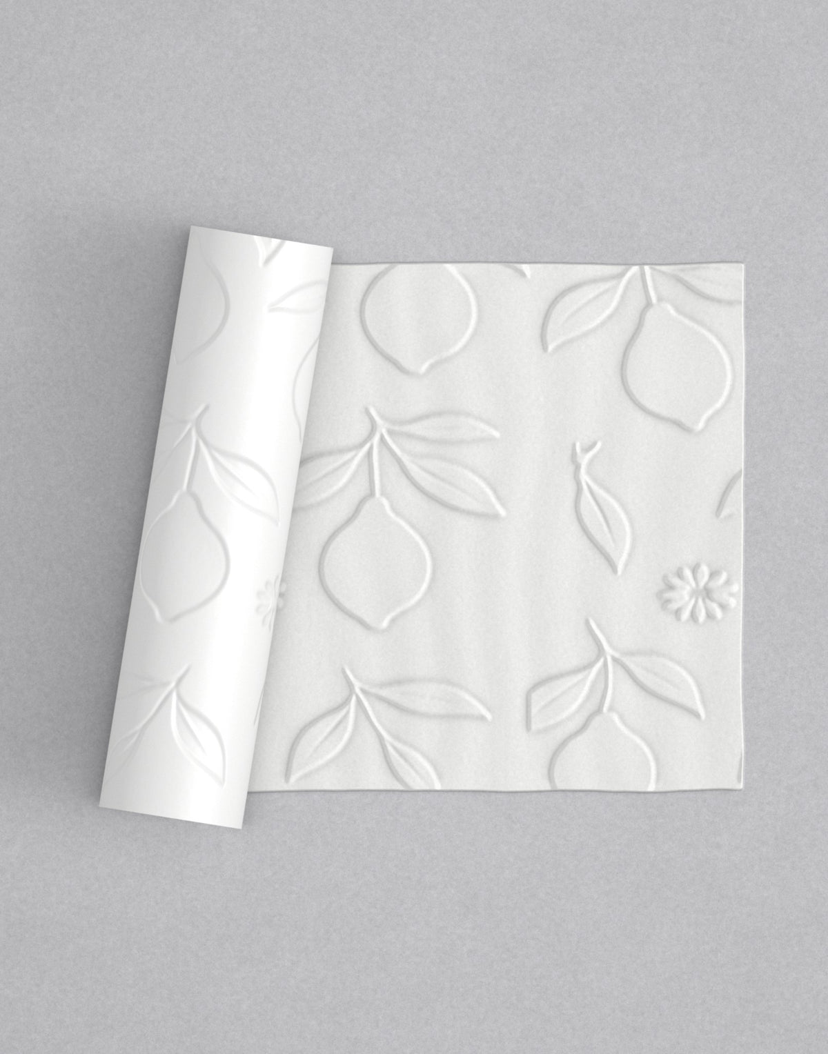 No.72 Lemons mini 4" texture rolling pin with its pattern rolled out on white fondant - Prop Options