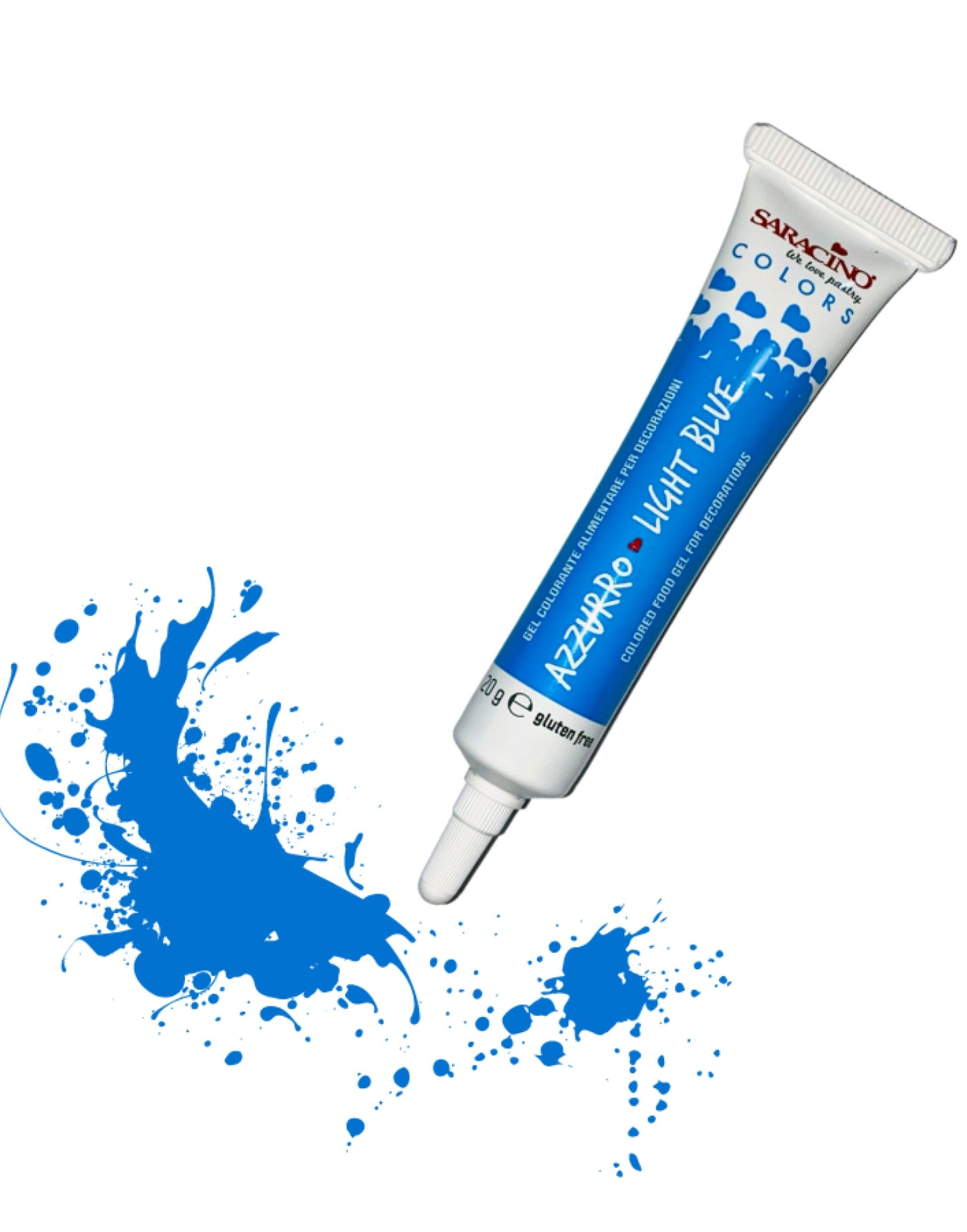 Tube of paint with blue splashes on a white background