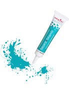 Tube of paint with turquoise color swatch and splashes on a white background