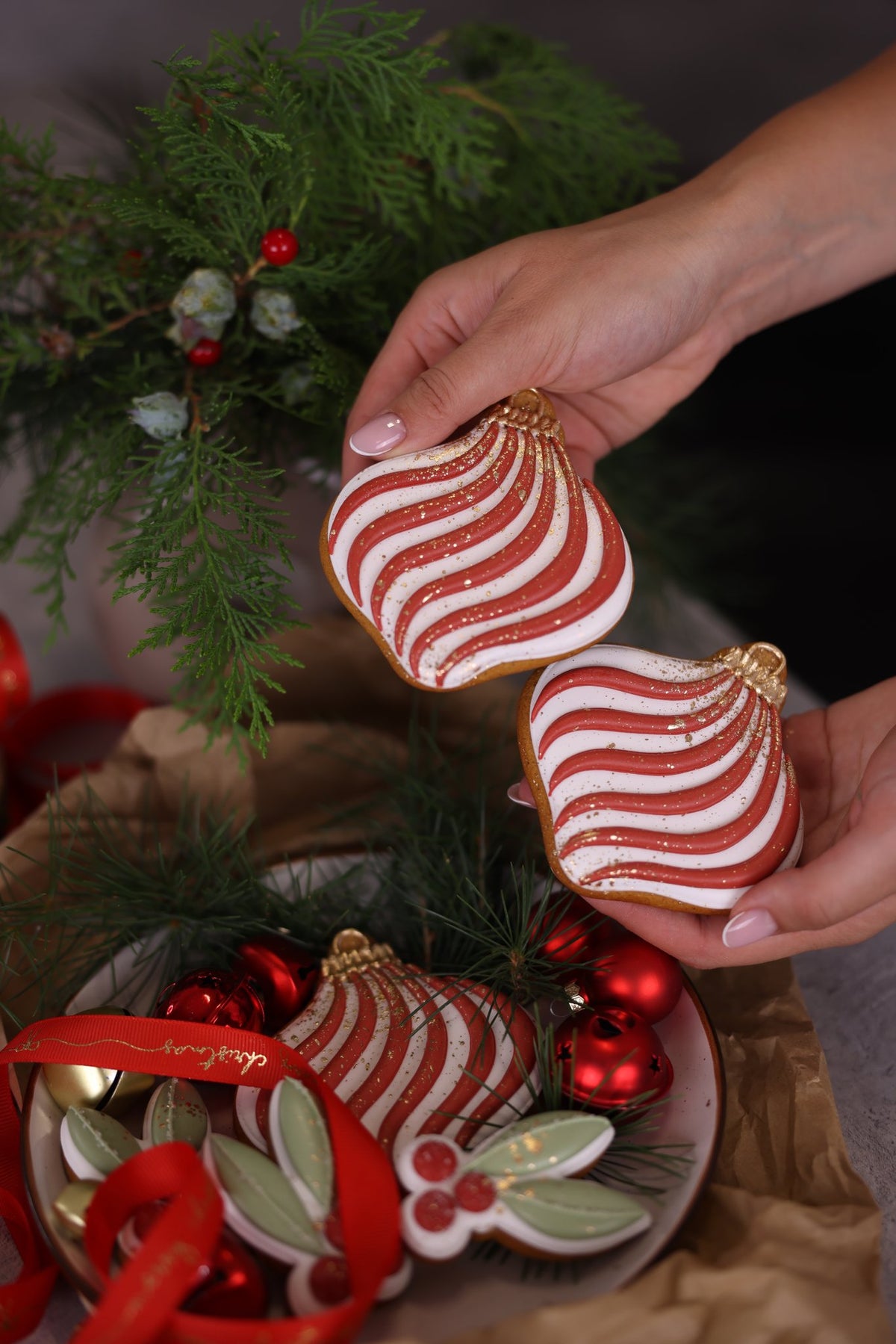 Striped red and white bauble cookies