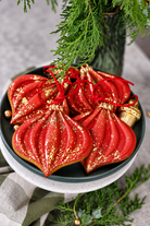 Red and gold bauble cookies in a bowl, Prop Options x Ekat's Christmas cookie set