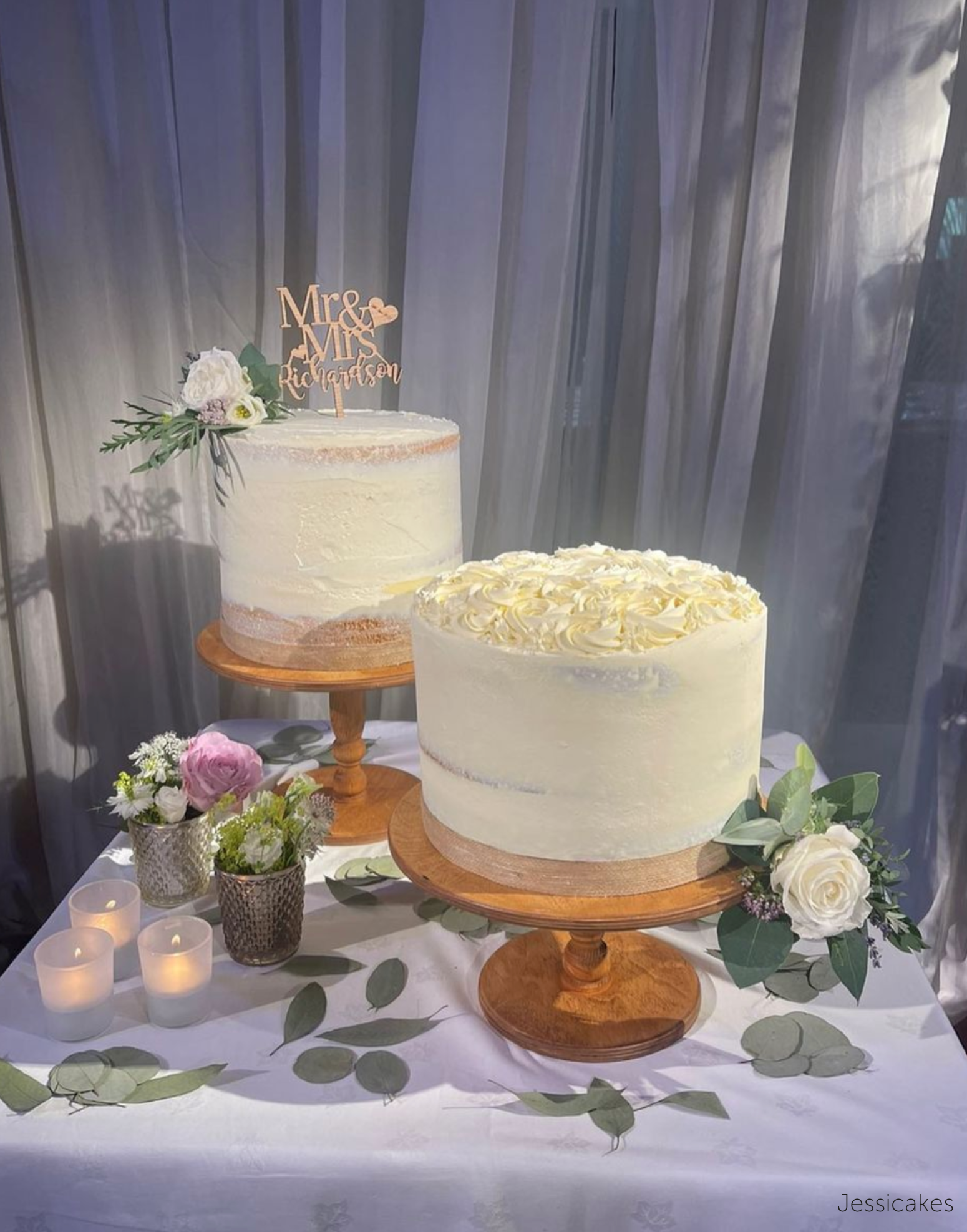 Two plain white cakes stood on Original Scandinavian Birch Cake Stands - Prop Options