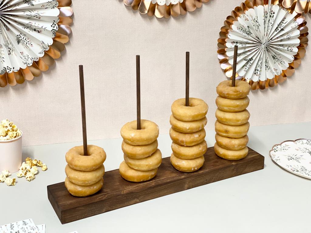 Prop Options wooden donut doughnut stand - 4 rod with ringed doughnuts - party style